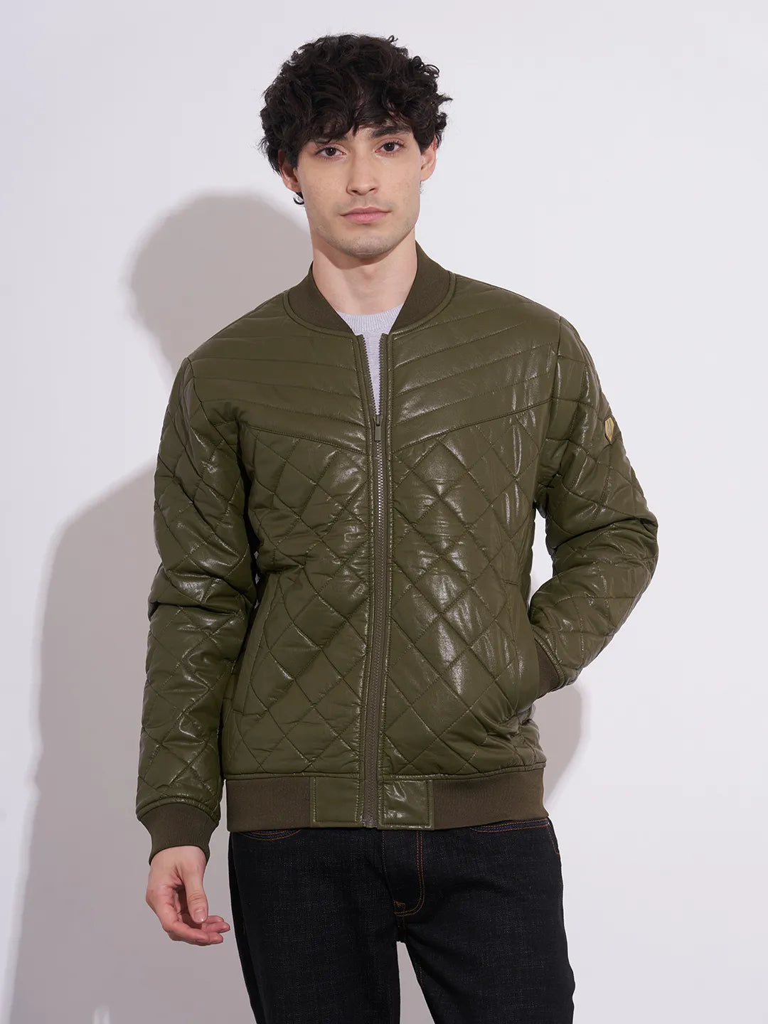 Men's Olive Baseball Collar Quilted Jacket by Being Human Clothing