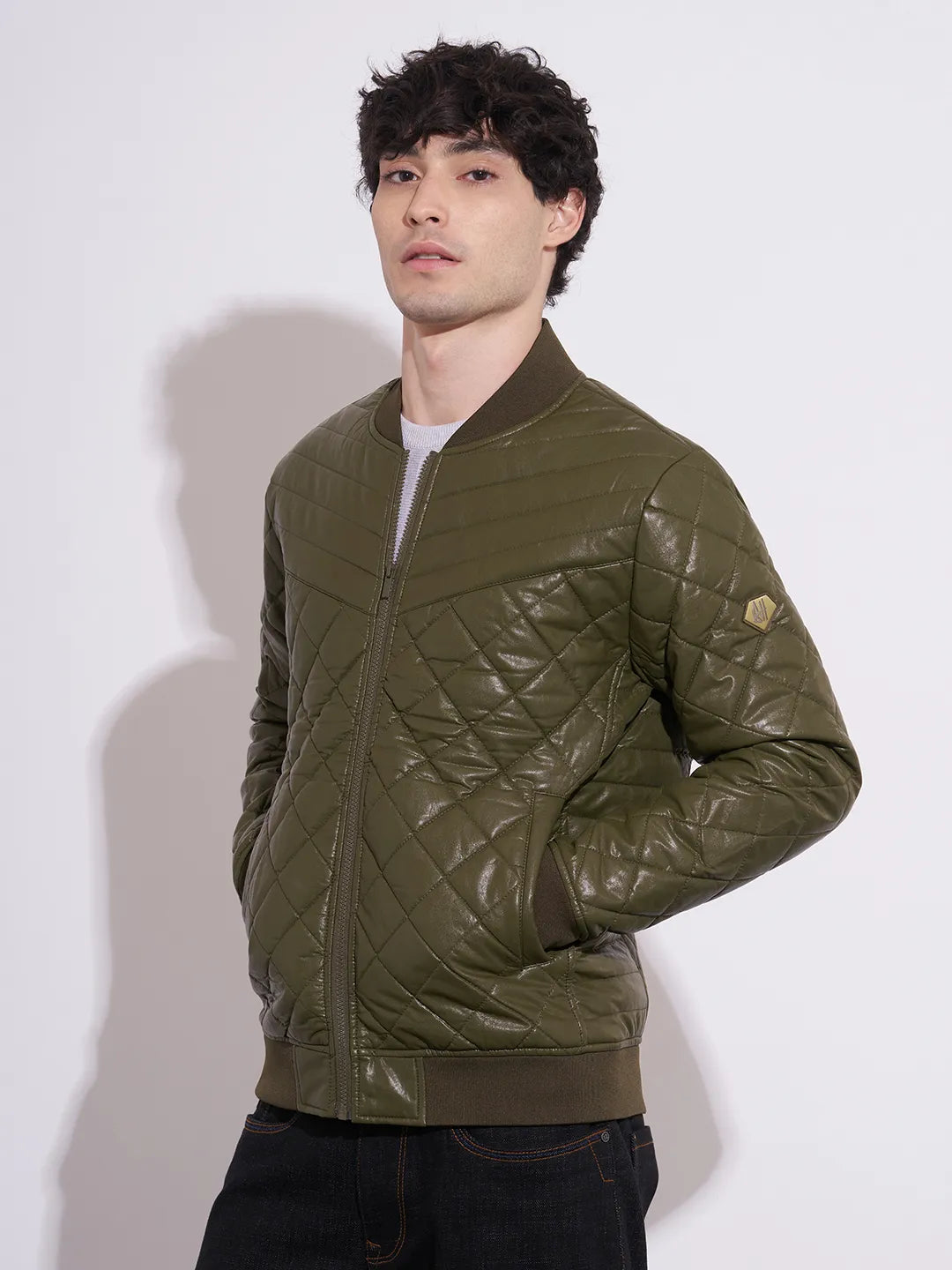 Men's Olive Baseball Collar Quilted Jacket by Being Human Clothing