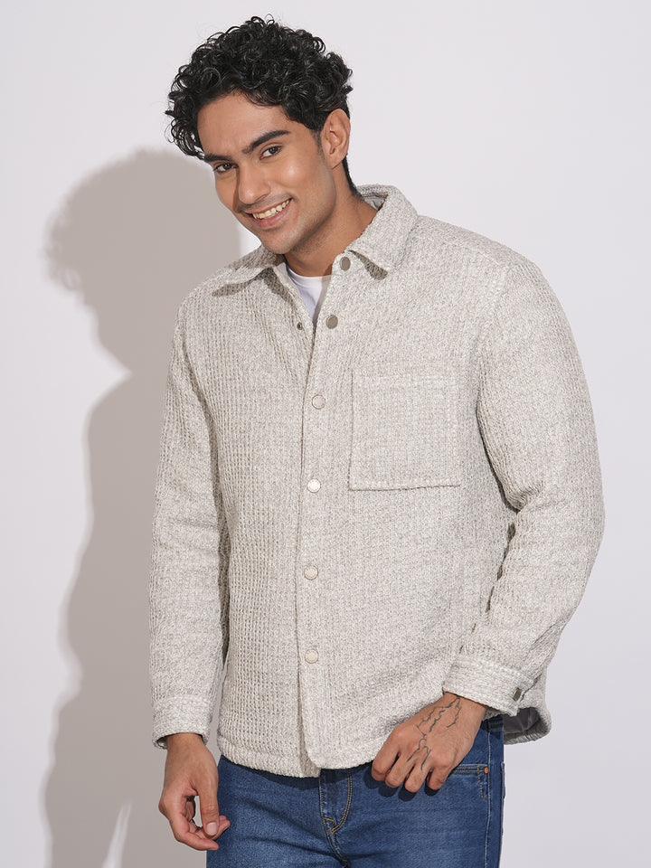 Beige Regular Fit Long Sleeves Polyester Men's Jacket