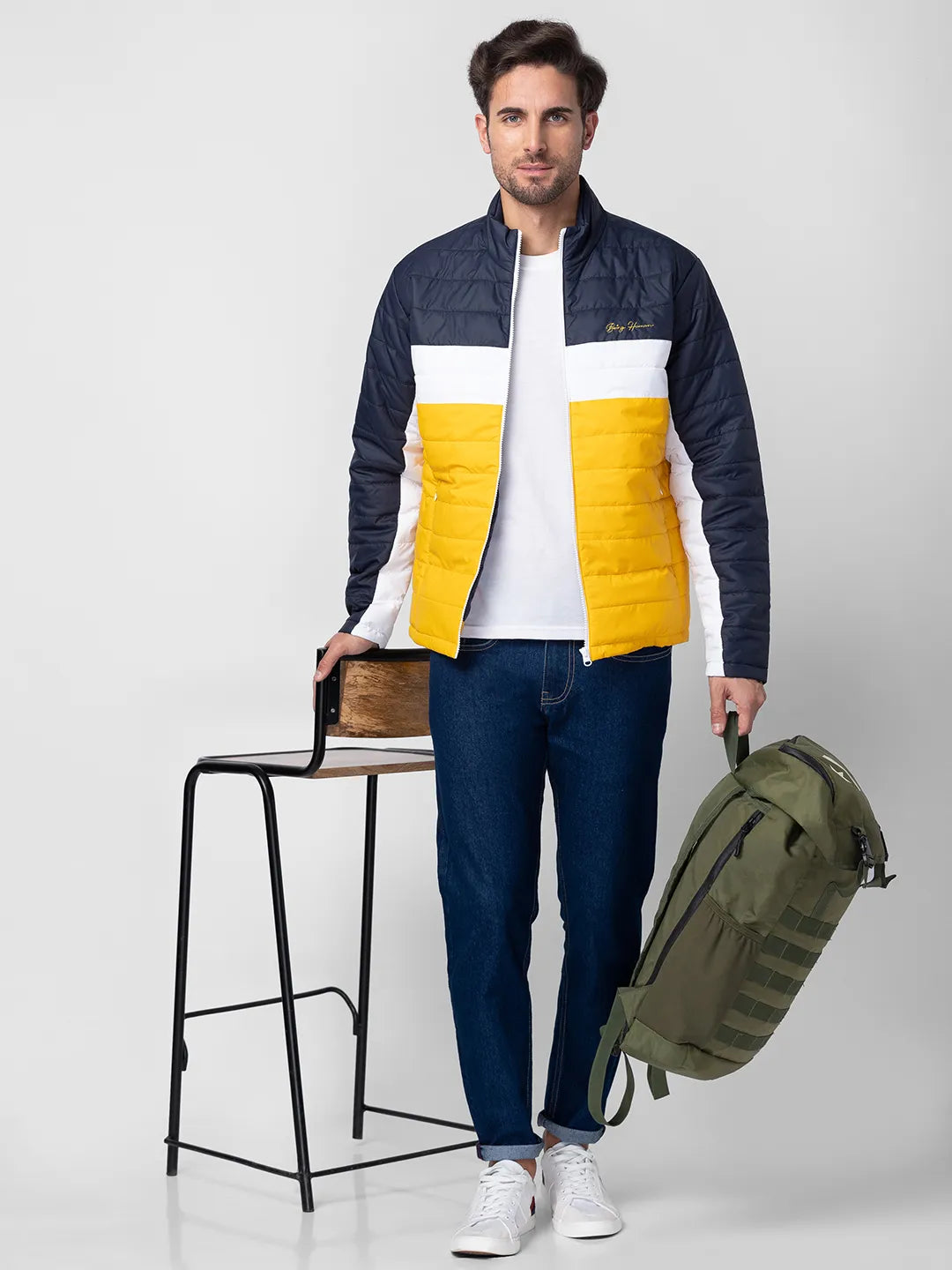 Being Human Clothing Men Regular Fit Collared Jackets-Navy/White/Yellow