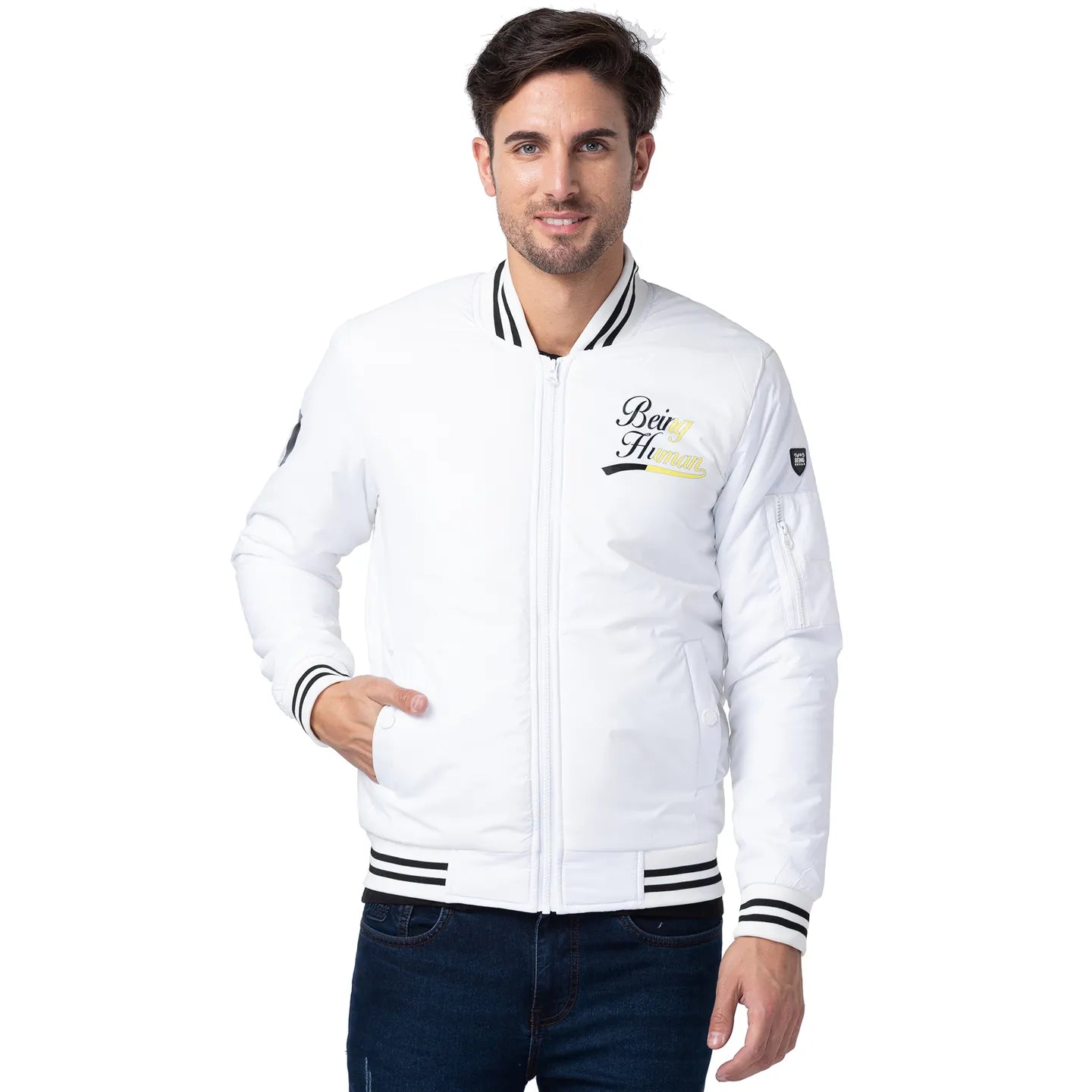 White Regular Fit Long Sleeves Polyester Men's Jacket by Being Human Clothing