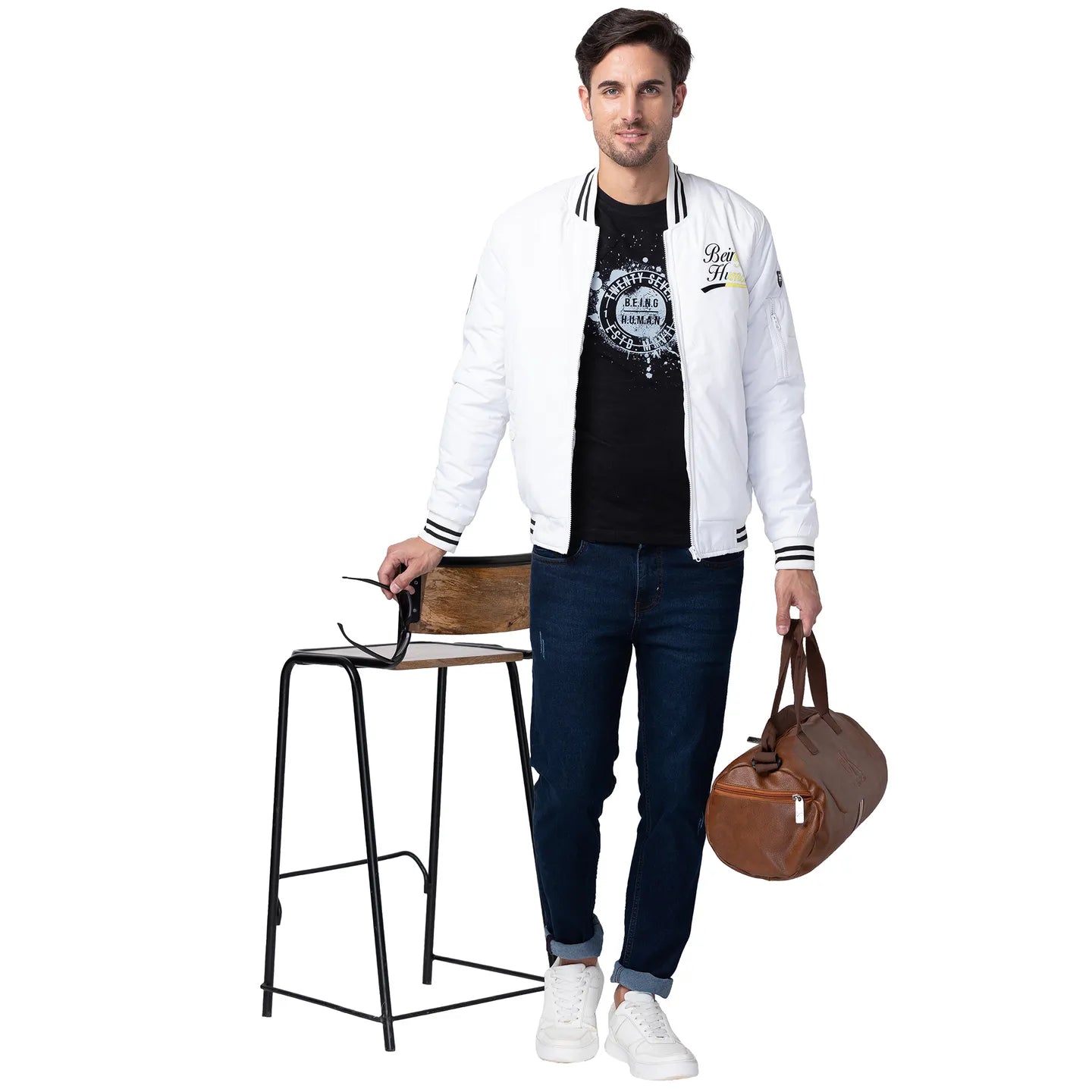 White Regular Fit Long Sleeves Polyester Men's Jacket by Being Human Clothing