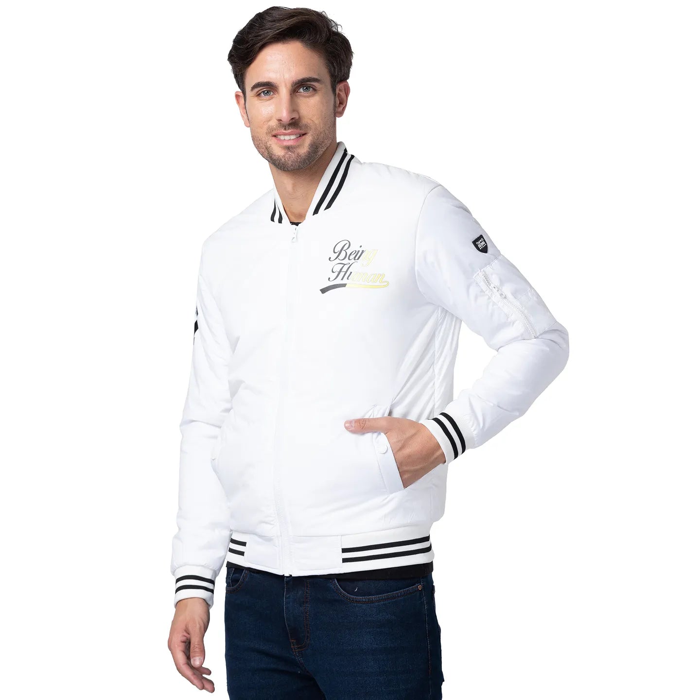 White Regular Fit Long Sleeves Polyester Men's Jacket by Being Human Clothing
