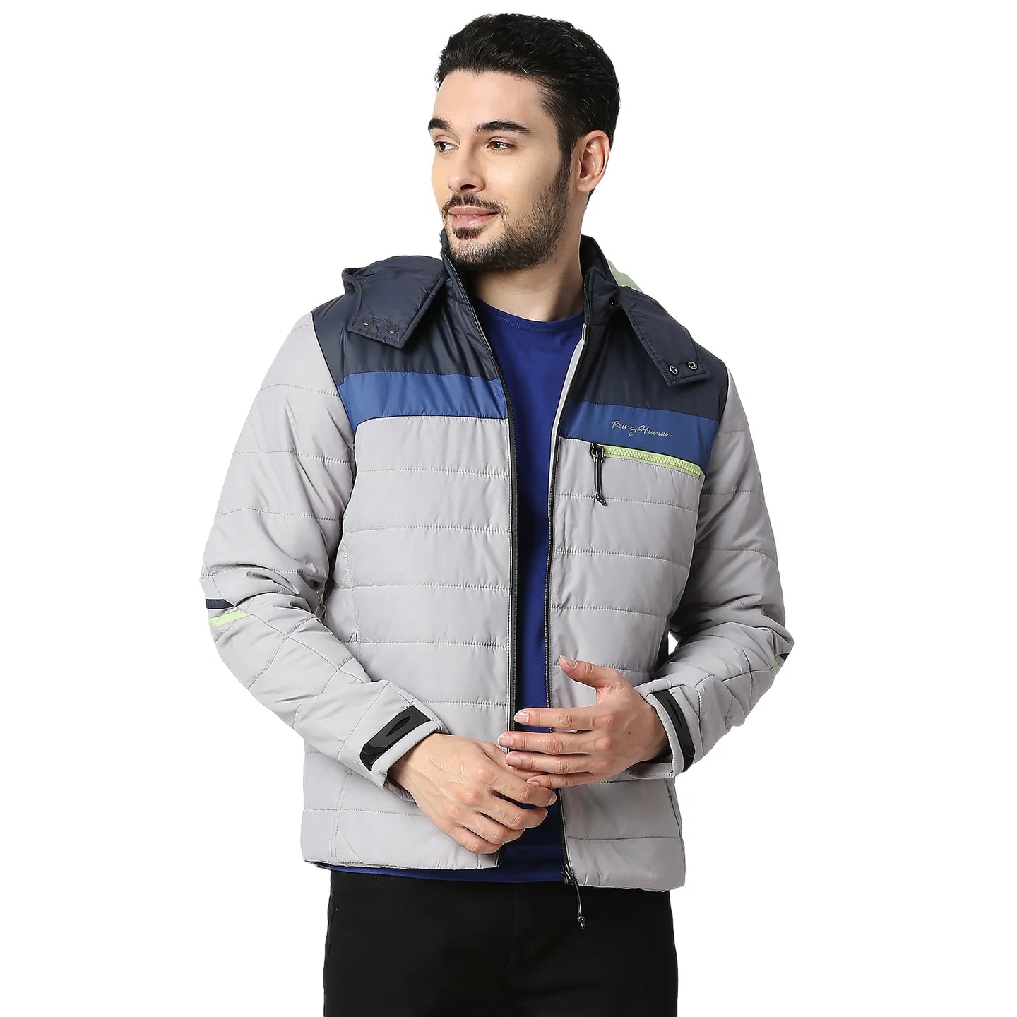 Grey Regular Fit Long Sleeves Polyester Men's Jacket by Being Human Clothing