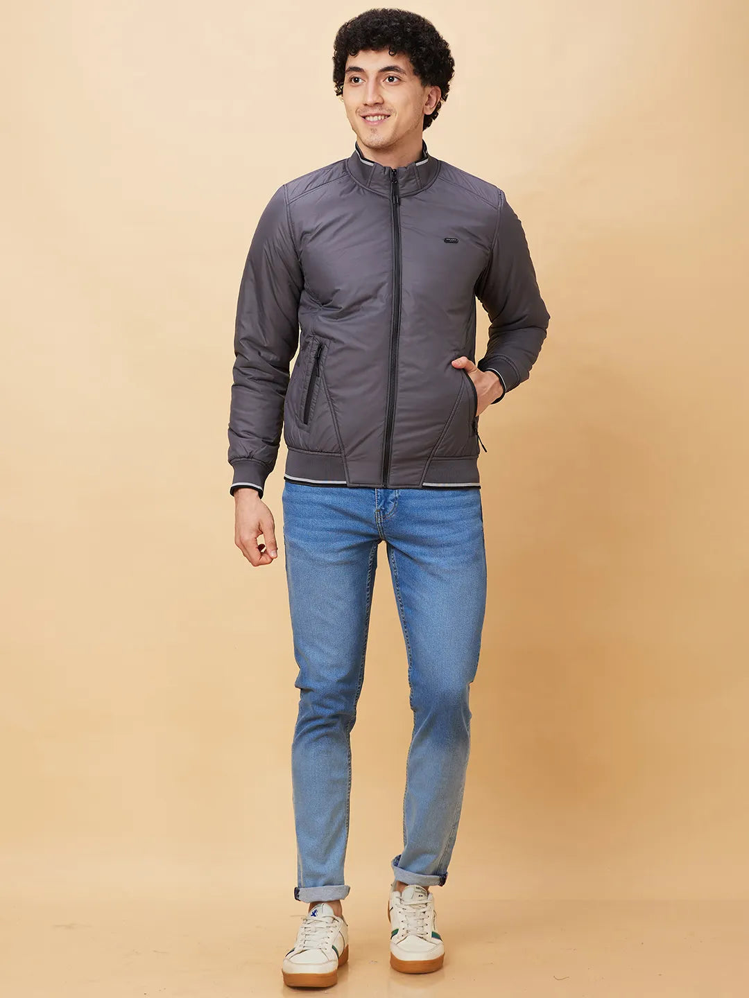 Grey Regular Fit Long Sleeves Men's Jacket by Being Human Clothing