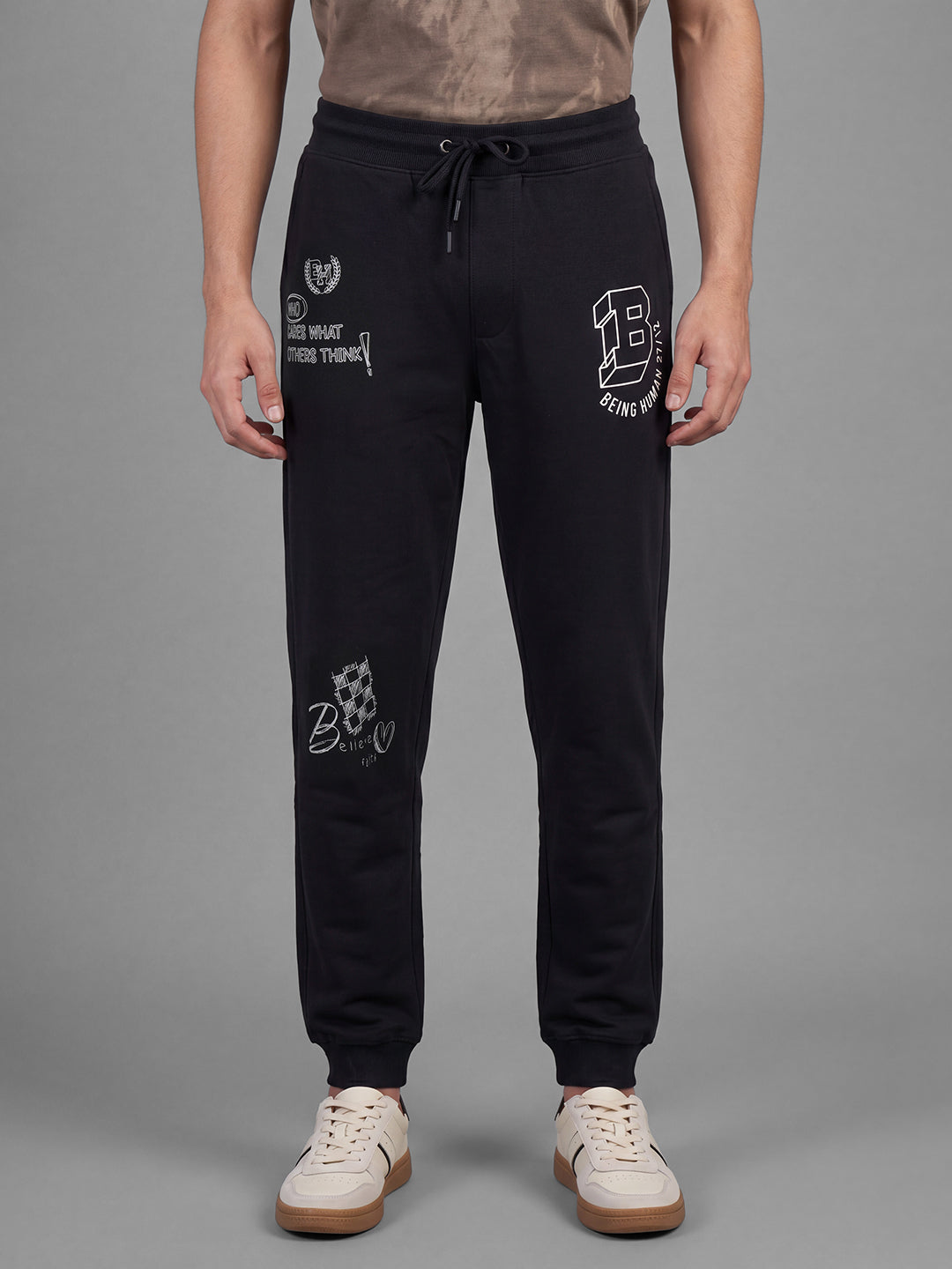 Black Loose Regular Fit Graphic Print Pure Cotton Mid Rise Men's Track Pants by Being Human Clothing