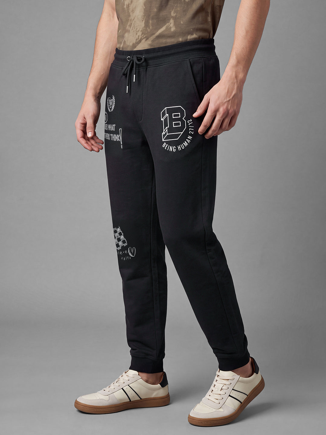 Black Loose Regular Fit Graphic Print Pure Cotton Mid Rise Men's Track Pants by Being Human Clothing