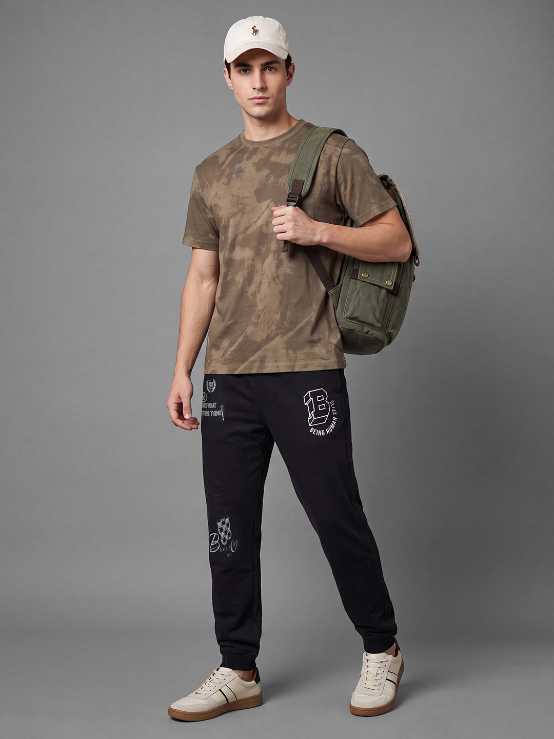 Black Loose Regular Fit Graphic Print Pure Cotton Mid Rise Men's Track Pants by Being Human Clothing