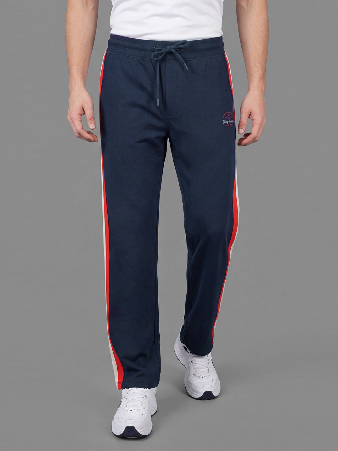 Blue Loose Regular Fit Colorblock Cotton Blend Mid Rise Men's Track Pants by Being Human Clothing