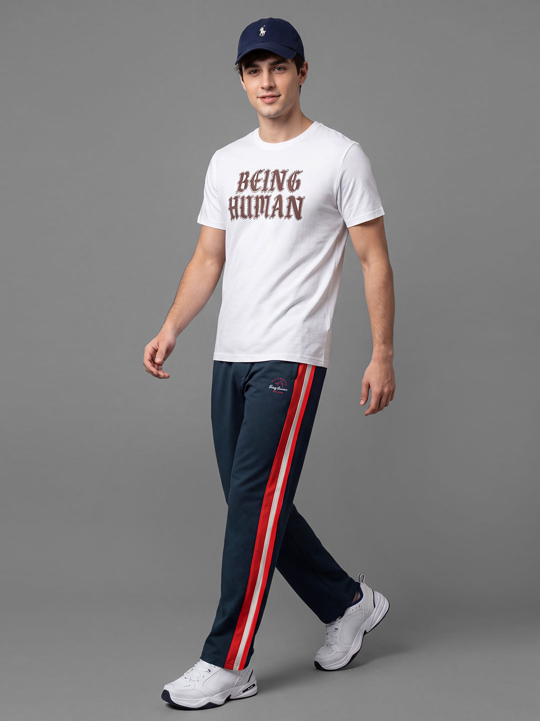 Blue Loose Regular Fit Colorblock Cotton Blend Mid Rise Men's Track Pants by Being Human Clothing