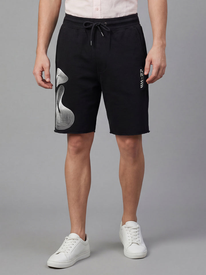 Black Regular Fit Mid Rise Graphic Print Men's Shorts