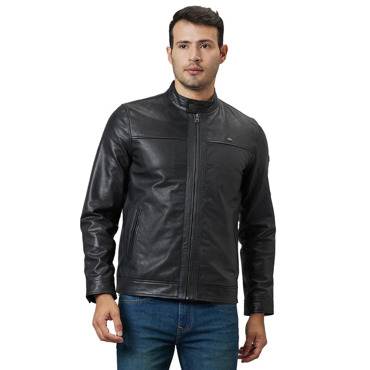 Black Regular Fit Long Sleeves Leather Men's Jacket