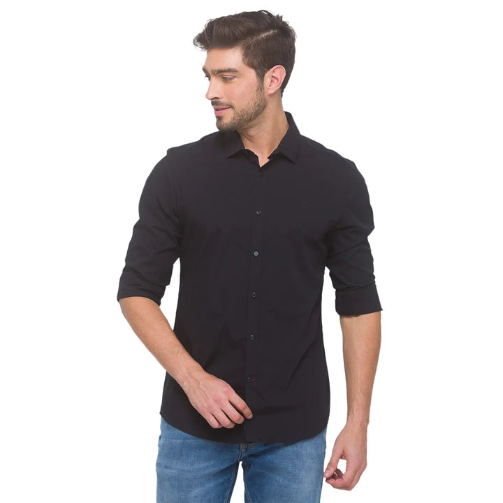 Black Slim Straight Fit Regular Collar Long Sleeves Cotton Men's Shirt by Being Human Clothing