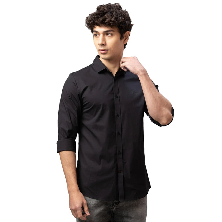 Black Skinny Straight Fit Regular Collar Long Sleeves Cotton Men's Shirt by Being Human Clothing