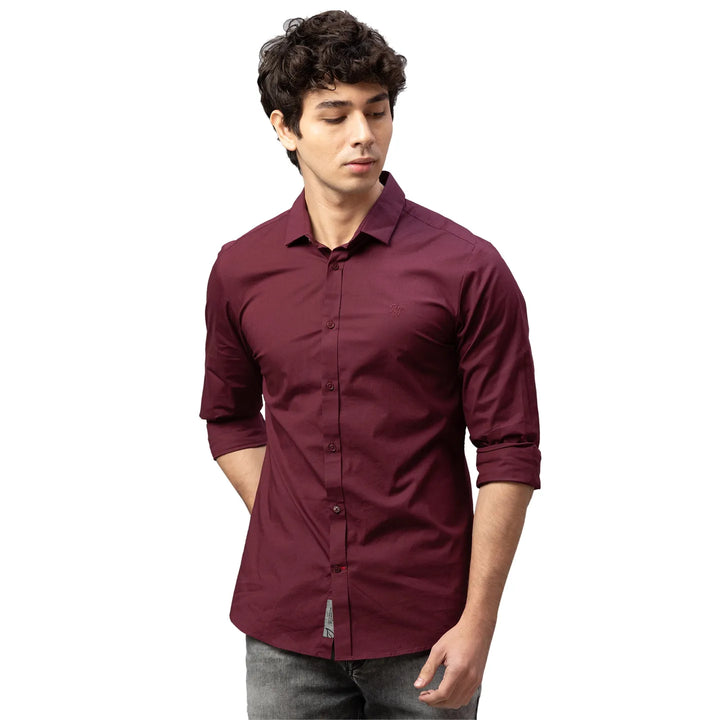 Red Skinny Straight Fit Regular Collar Long Sleeves Cotton Men's Shirt by Being Human Clothing