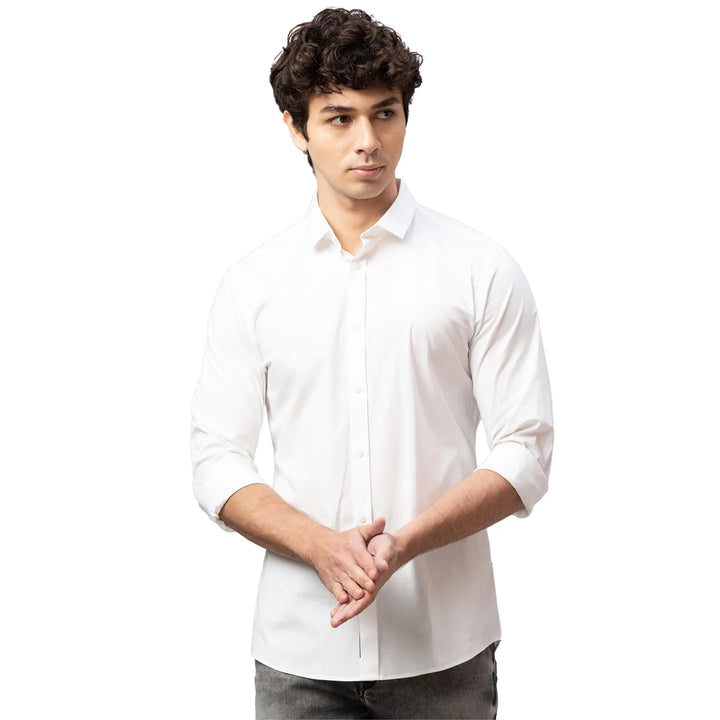 White Skinny Straight Fit Regular Collar Long Sleeves Cotton Men's Shirt by Being Human Clothing