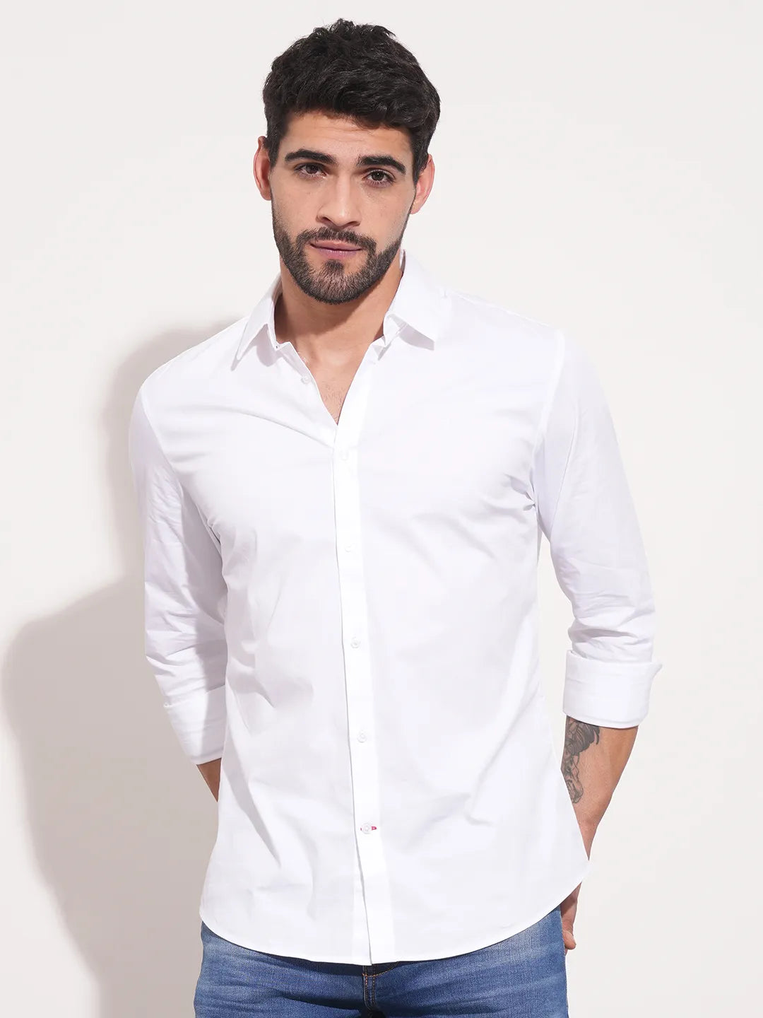 White Slim Fit Regular Collar Men's Shirt by Being Human Clothing