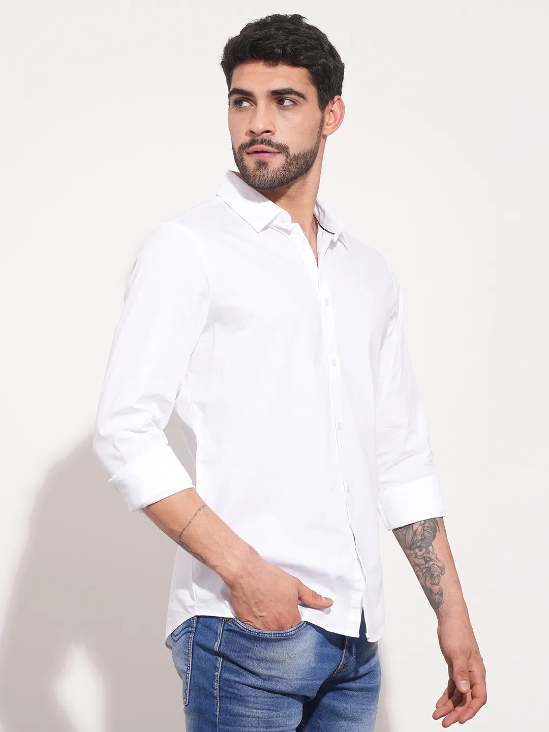 White Slim Fit Regular Collar Men's Shirt by Being Human Clothing