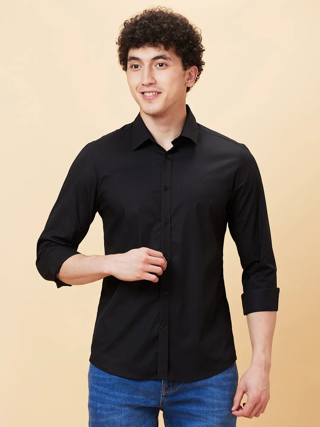 Black Slim Straight Fit Regular Collar Long Sleeves Men's Shirt by Being Human Clothing