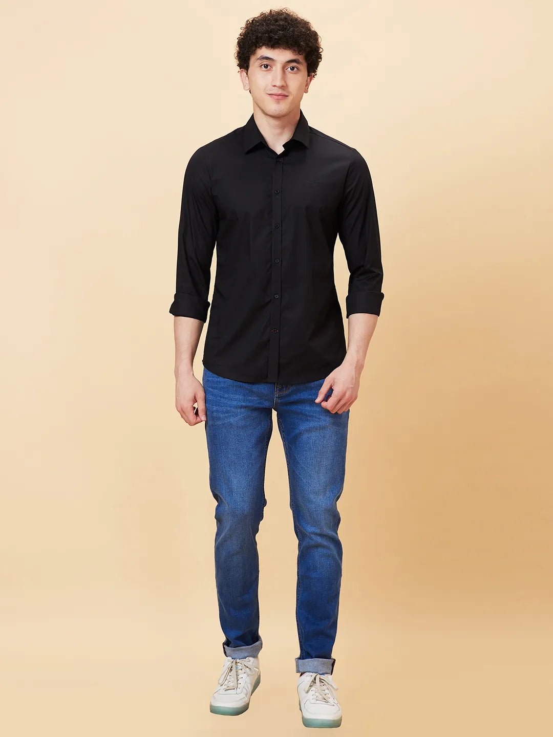 Black Slim Straight Fit Regular Collar Long Sleeves Men's Shirt by Being Human Clothing