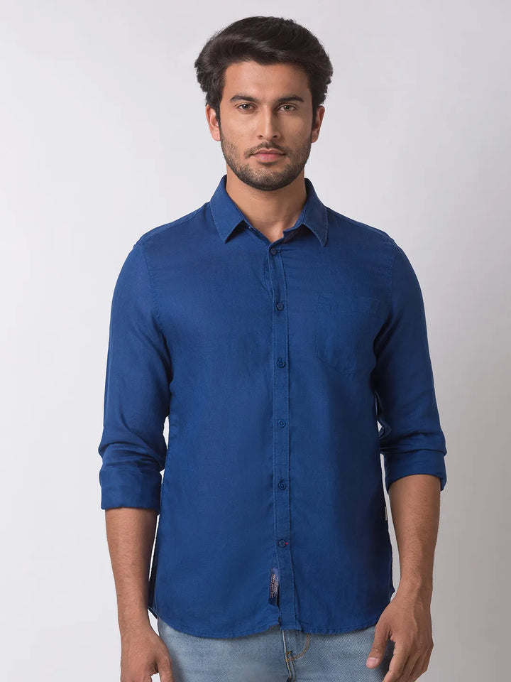 Blue Slim Straight Fit Regular Collar Long Sleeves Cotton Men's Shirt by Being Human Clothing