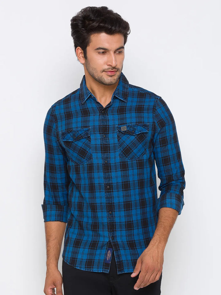 Blue Slim Straight Fit Regular Collar Long Sleeves Cotton Men's Shirt by Being Human Clothing