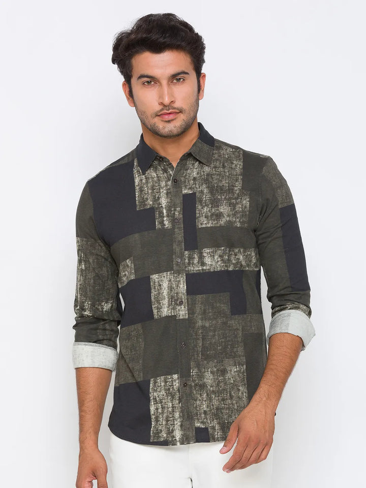 Olive Slim Straight Fit Regular Collar Long Sleeves Cotton Men's Shirt by Being Human Clothing