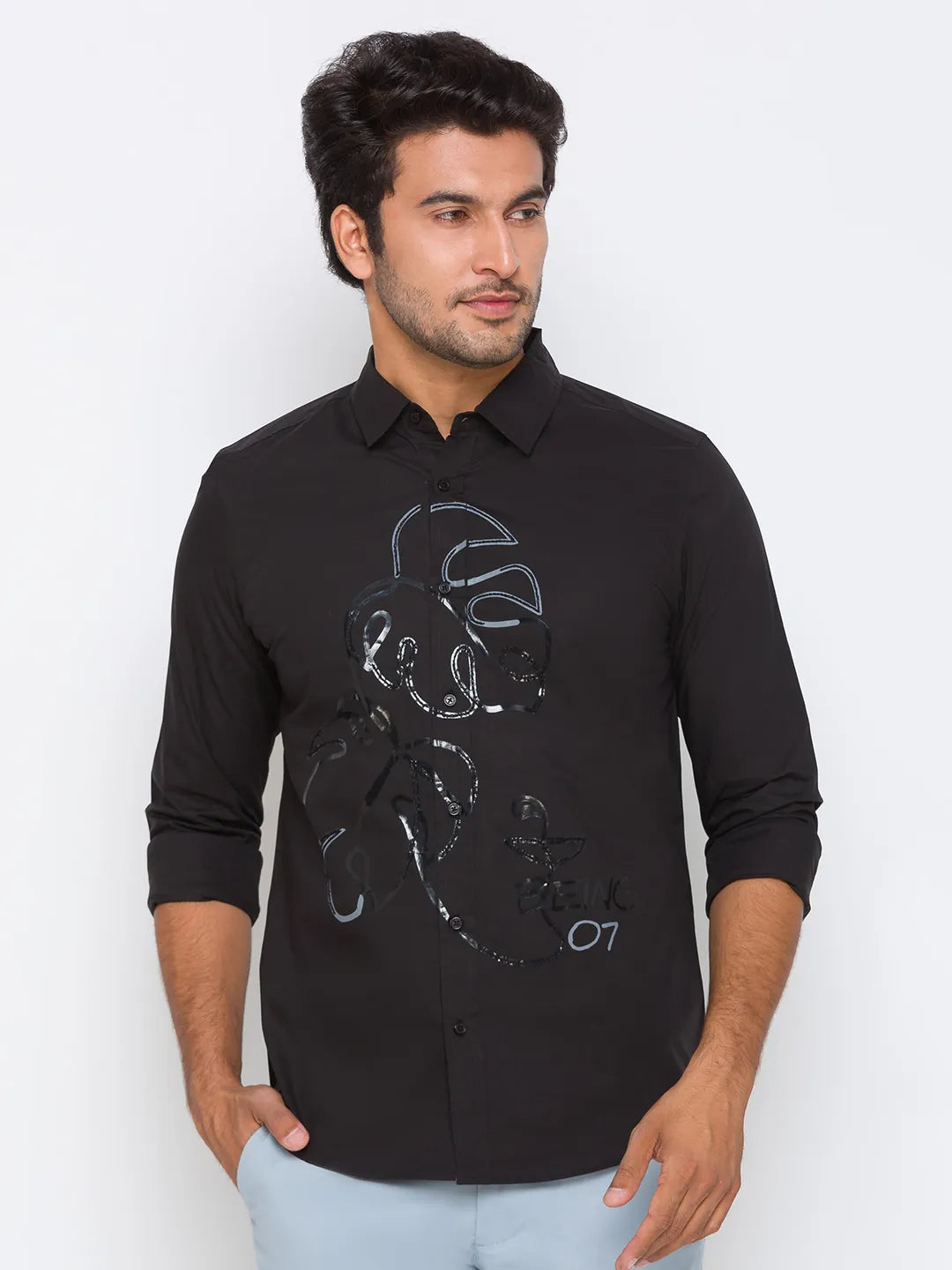 Black Slim Straight Fit Regular Collar Long Sleeves Cotton Men's Shirt by Being Human Clothing