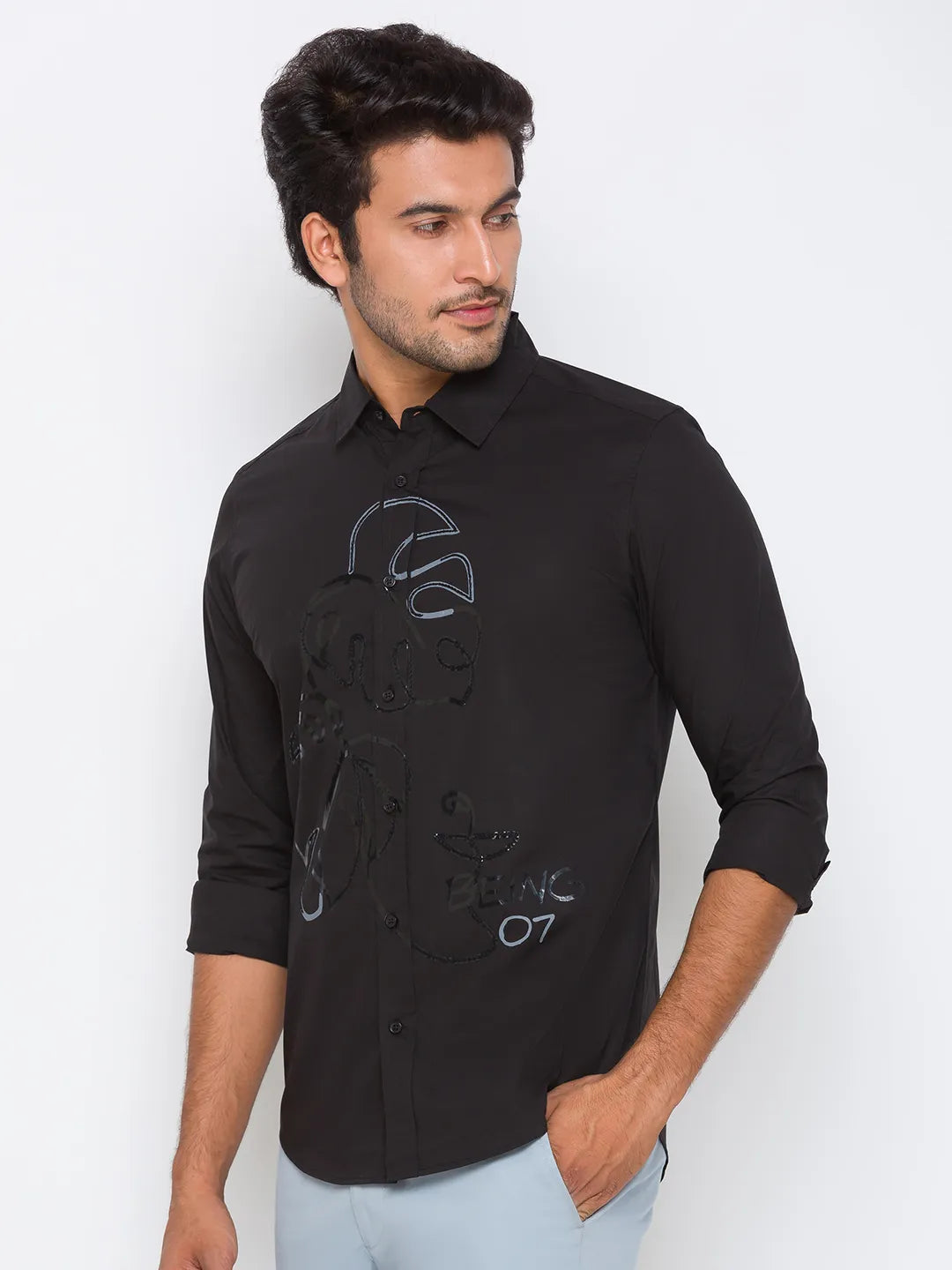 Black Slim Straight Fit Regular Collar Long Sleeves Cotton Men's Shirt by Being Human Clothing