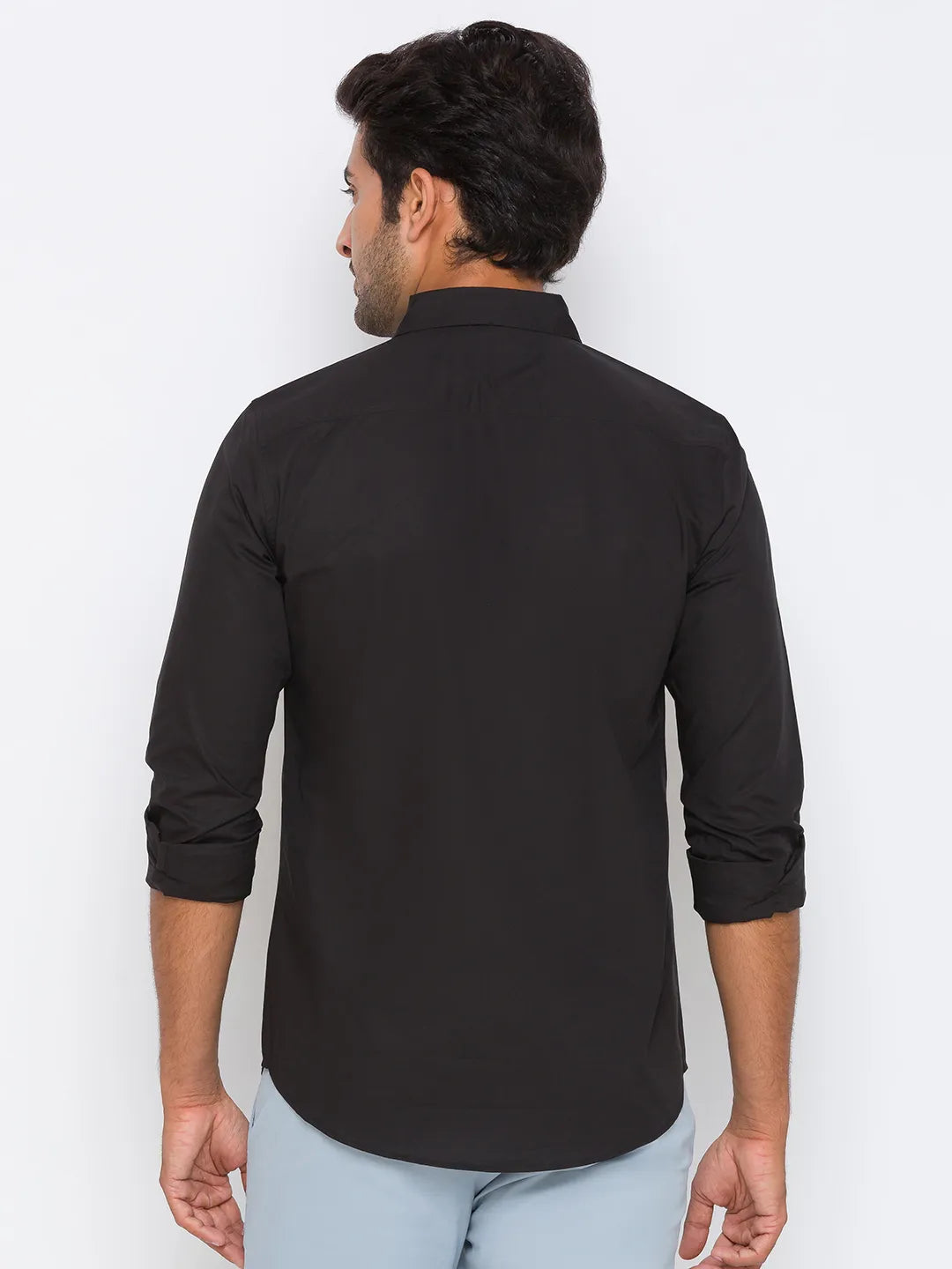 Black Slim Straight Fit Regular Collar Long Sleeves Cotton Men's Shirt by Being Human Clothing