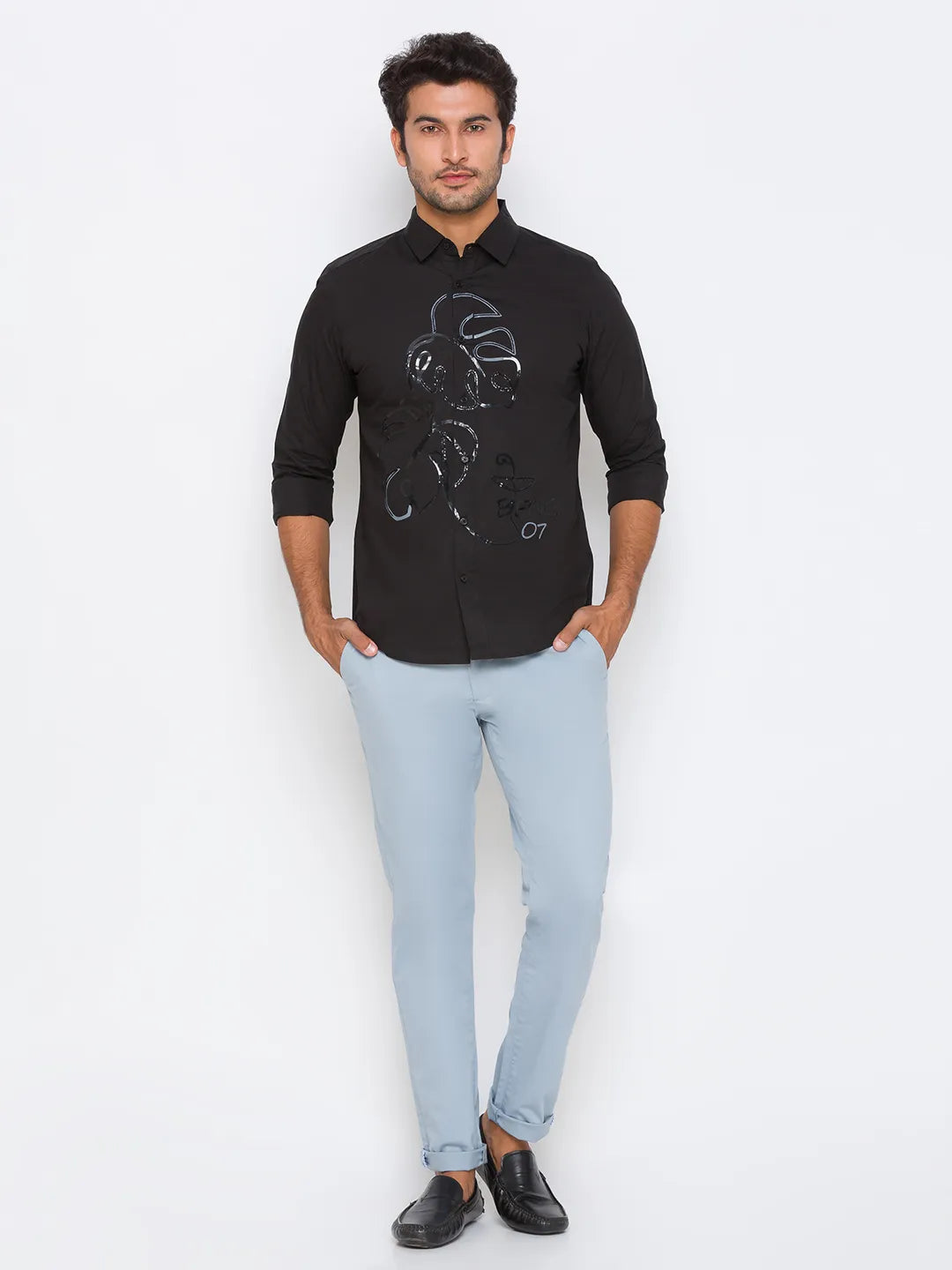 Black Slim Straight Fit Regular Collar Long Sleeves Cotton Men's Shirt by Being Human Clothing