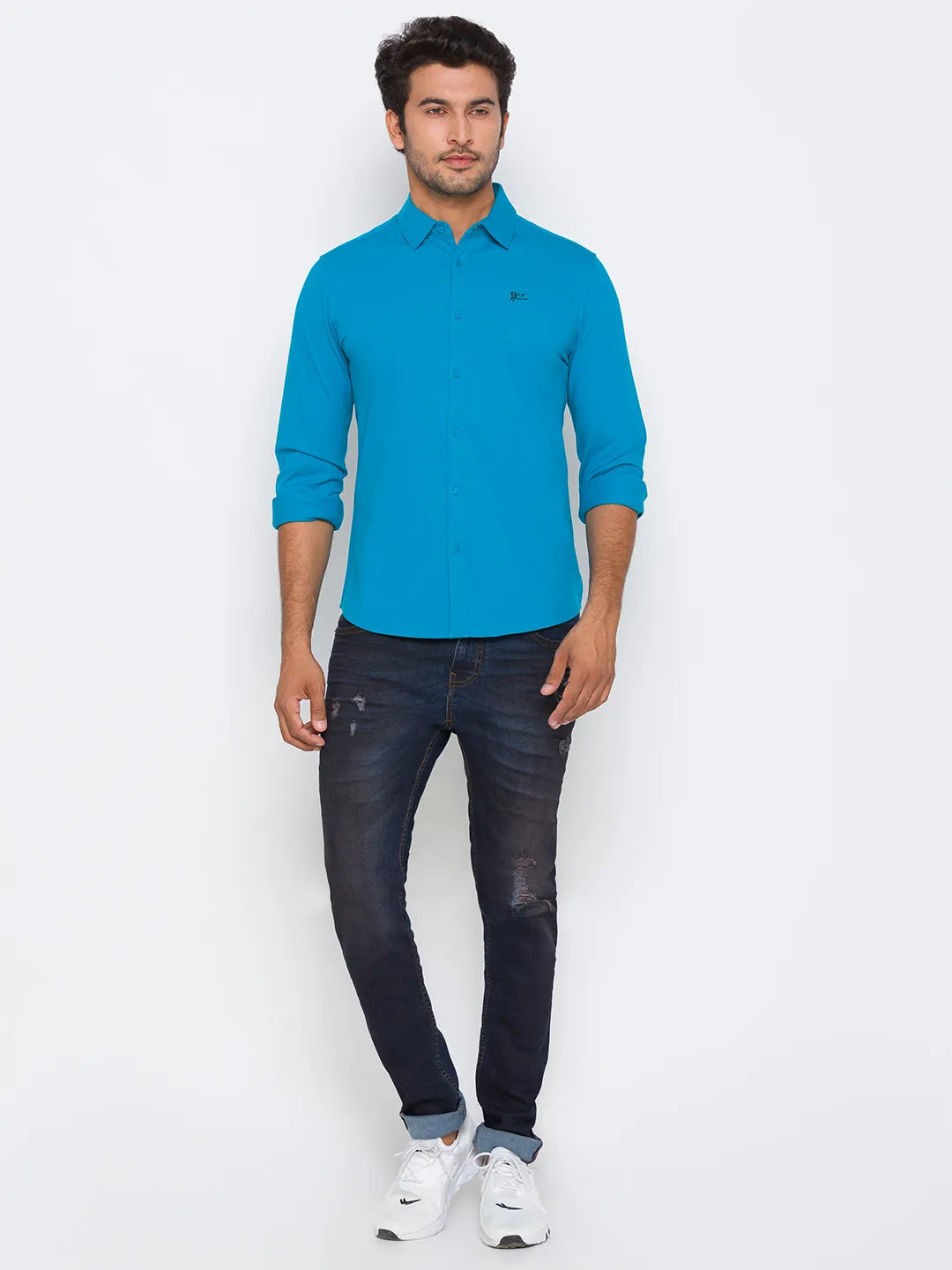 Men Slim Fit Collared Shirts-Blue by Being Human Clothing