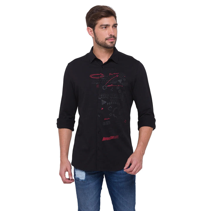 Black Slim Straight Fit Regular Collar Long Sleeves Cotton Men's Shirt by Being Human Clothing
