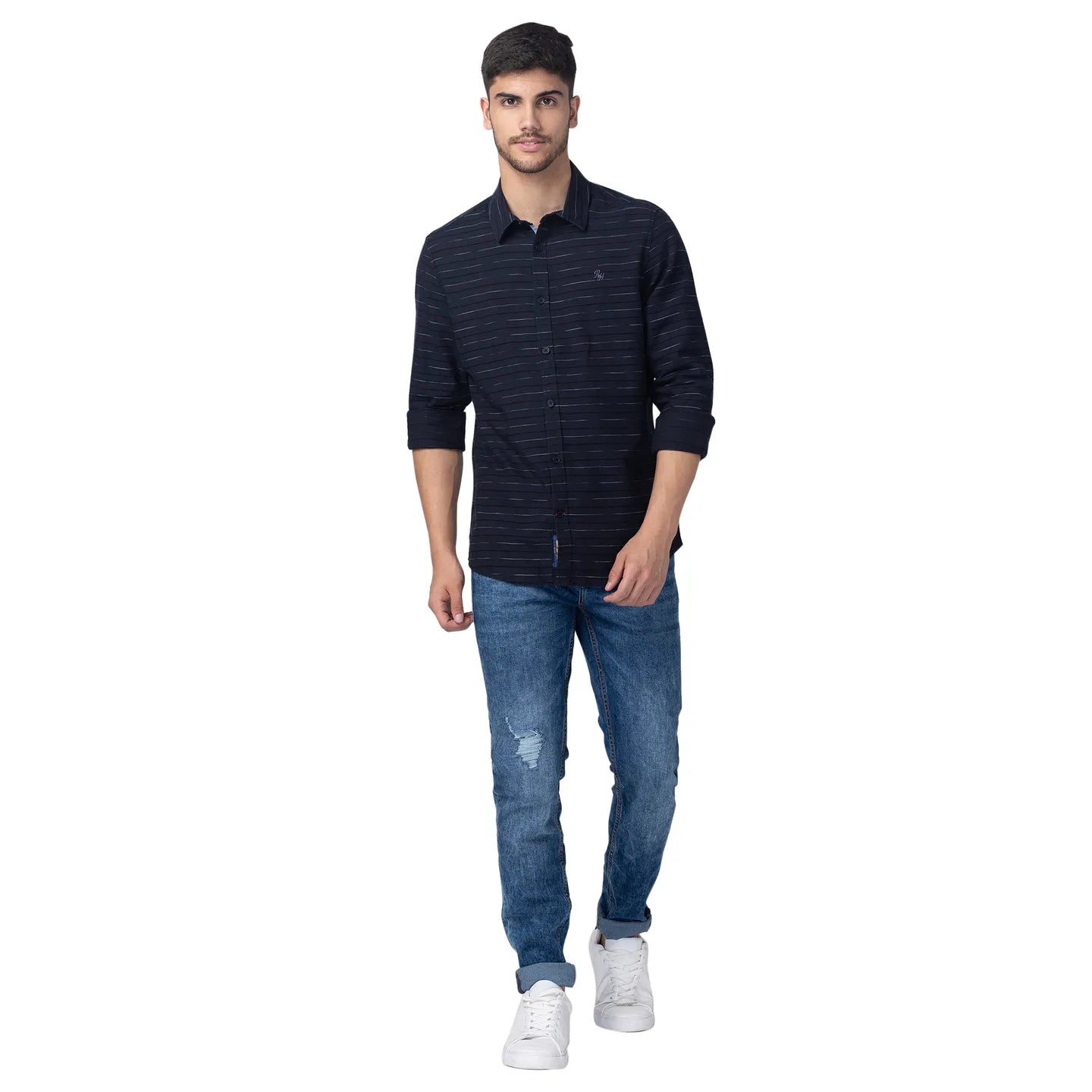 Navy Slim Fit Regular Collar Men's Shirt by Being Human Clothing