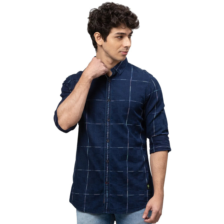 Blue Slim Straight Fit Regular Collar Long Sleeves Cotton Men's Shirt by Being Human Clothing