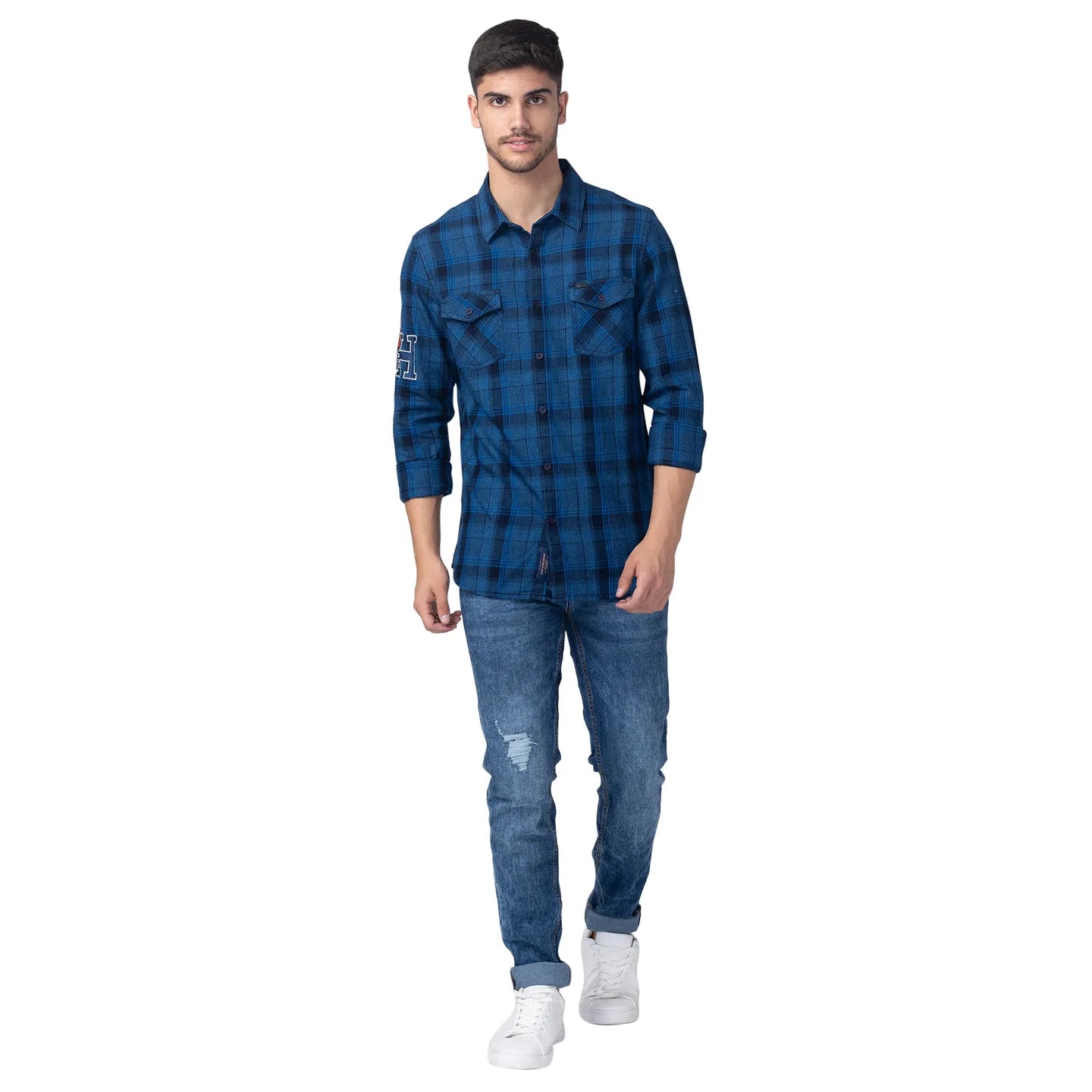 Blue Slim Fit Regular Collar Men's Shirt by Being Human Clothing