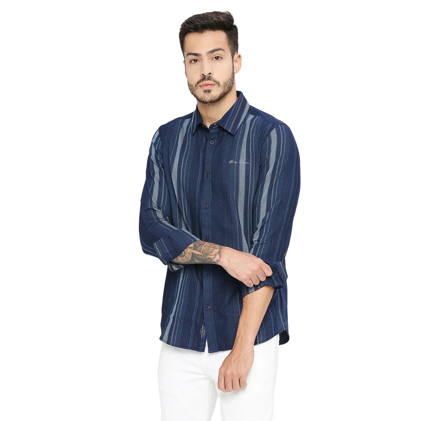 Blue Slim Straight Fit Regular Collar Long Sleeves Cotton Men's Shirt by Being Human Clothing