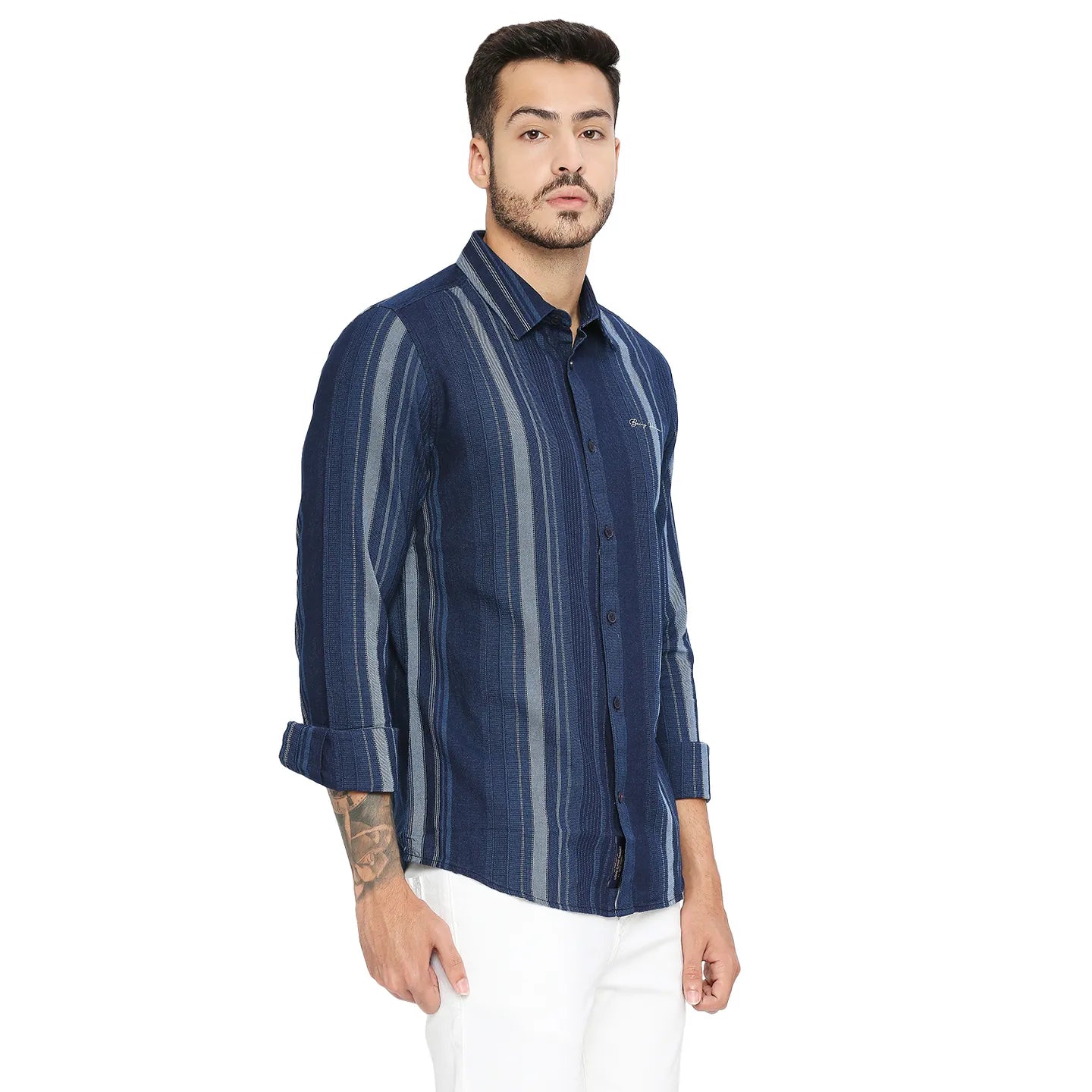 Blue Slim Straight Fit Regular Collar Long Sleeves Cotton Men's Shirt by Being Human Clothing