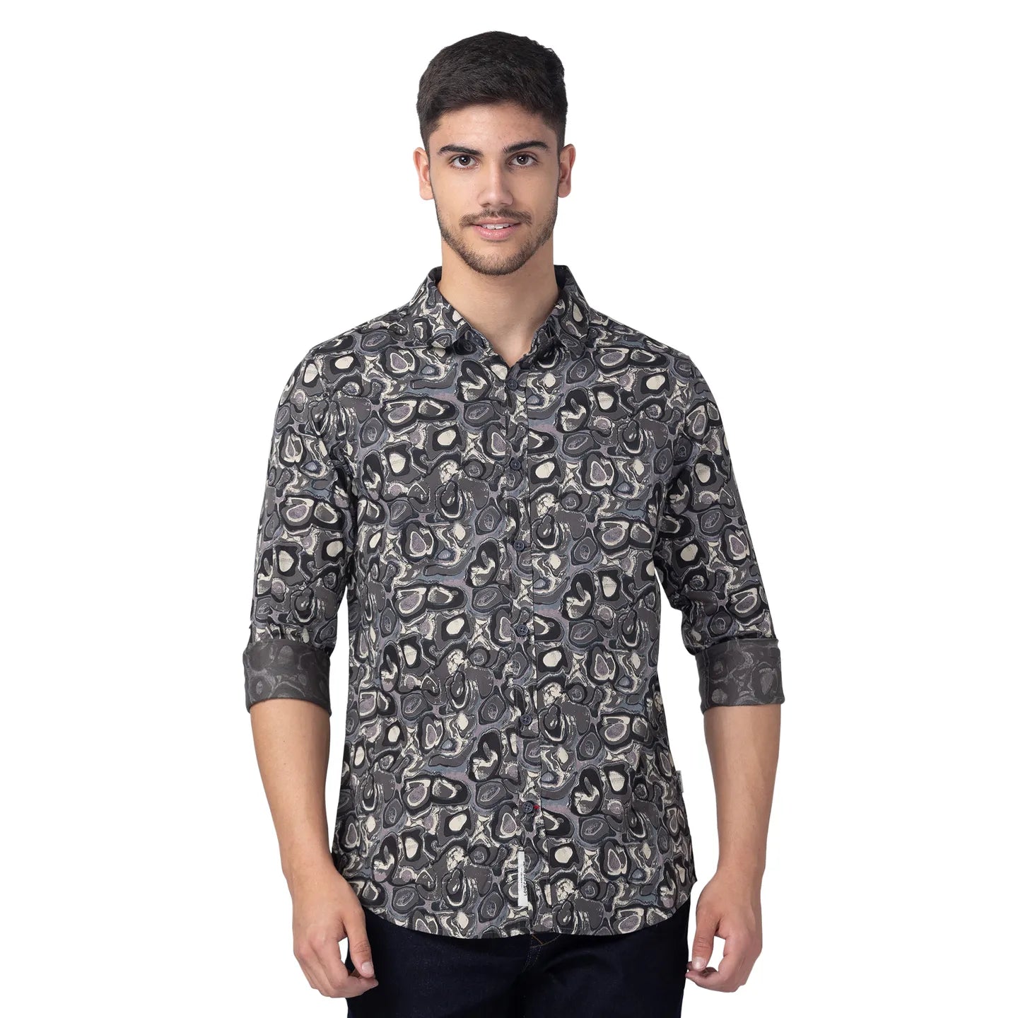 Grey Slim Straight Fit Regular Collar Long Sleeves Cotton Men's Shirt by Being Human Clothing