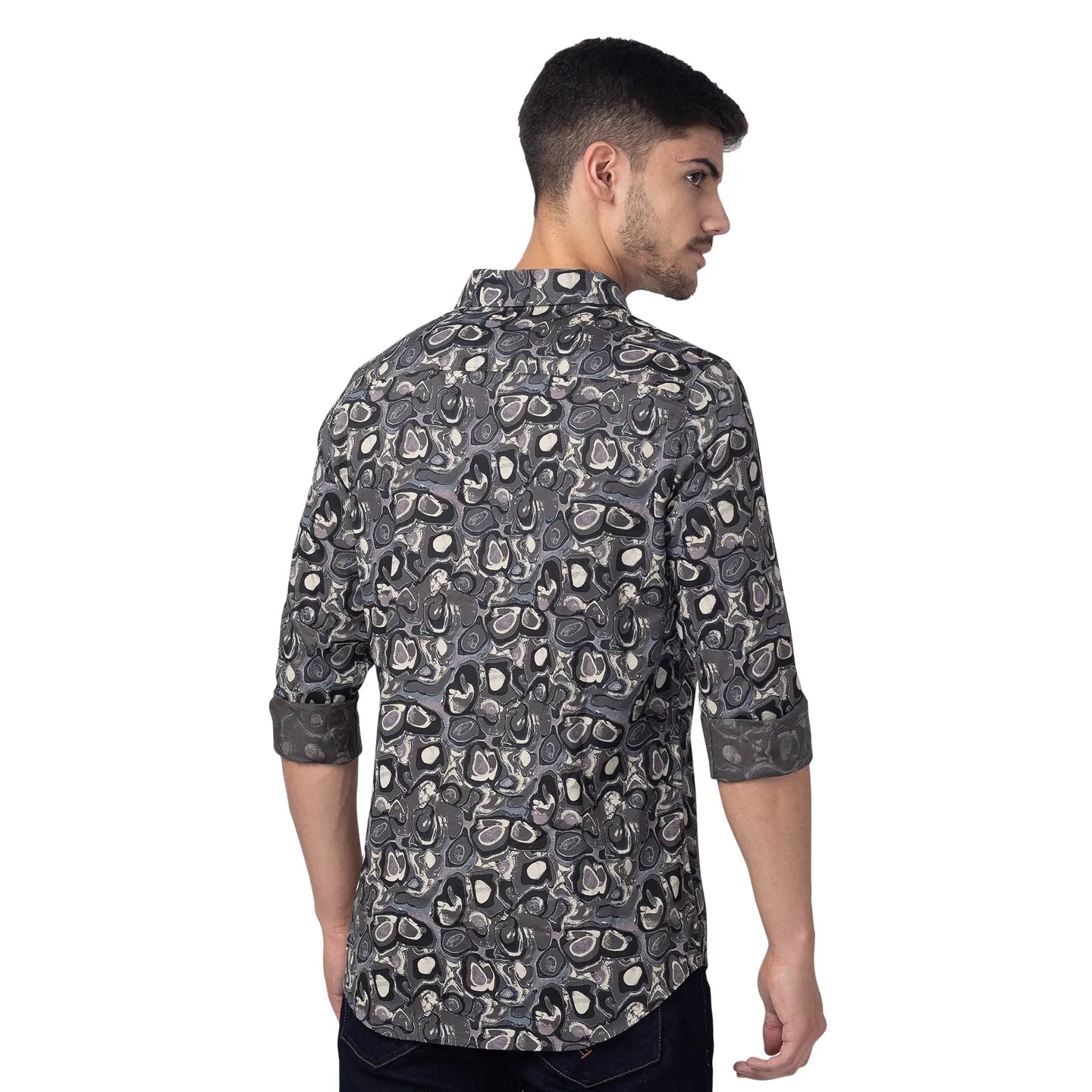 Grey Slim Straight Fit Regular Collar Long Sleeves Cotton Men's Shirt by Being Human Clothing