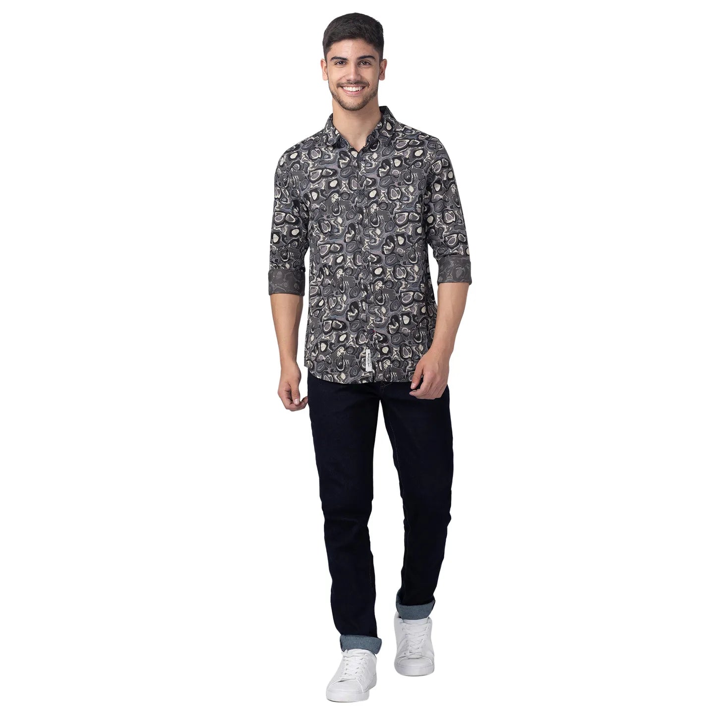 Grey Slim Straight Fit Regular Collar Long Sleeves Cotton Men's Shirt by Being Human Clothing