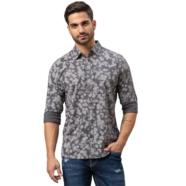 Grey Slim Straight Fit Regular Collar Long Sleeves Cotton Men's Shirt by Being Human Clothing