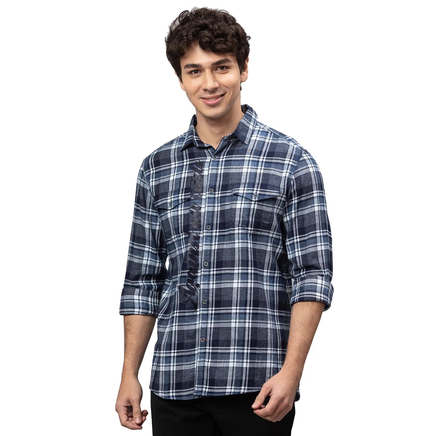 Blue Slim Straight Fit Regular Collar Long Sleeves Cotton Men's Shirt by Being Human Clothing