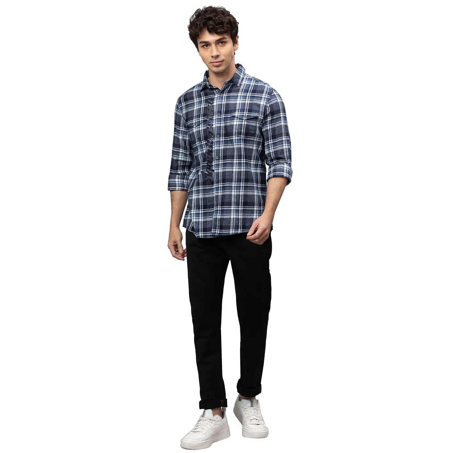 Blue Slim Straight Fit Regular Collar Long Sleeves Cotton Men's Shirt by Being Human Clothing