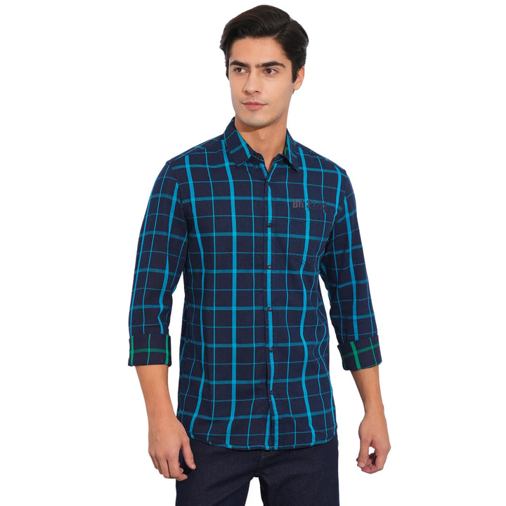 Blue Slim Straight Fit Regular Collar Long Sleeves Cotton Men's Shirt by Being Human Clothing