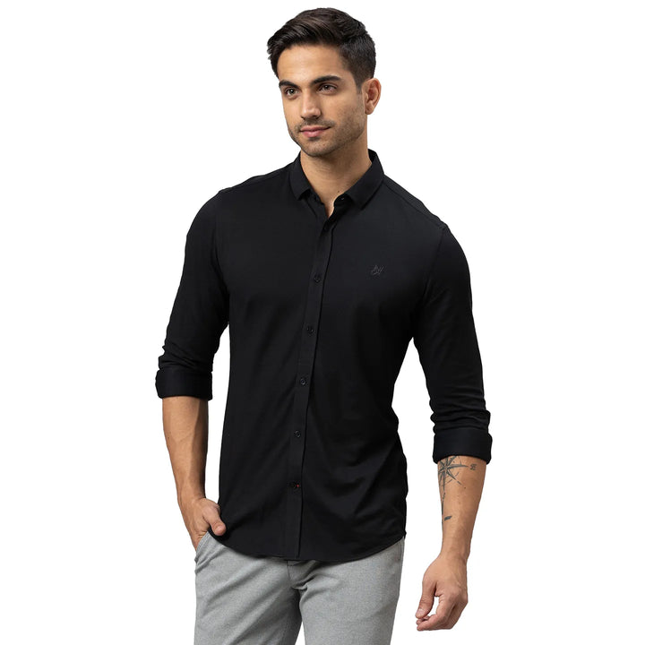 Black Slim Straight Fit Regular Collar Long Sleeves Cotton Men's Shirt by Being Human Clothing