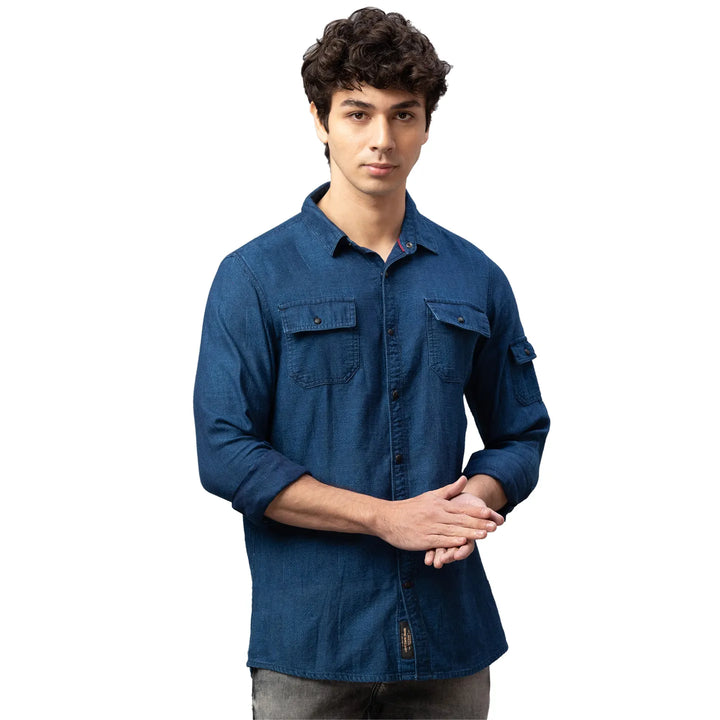 Blue Slim Straight Fit Regular Collar Long Sleeves Cotton Men's Shirt by Being Human Clothing