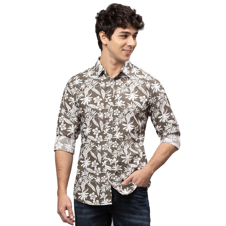 Olive Slim Straight Fit Regular Collar Long Sleeves Cotton Men's Shirt by Being Human Clothing