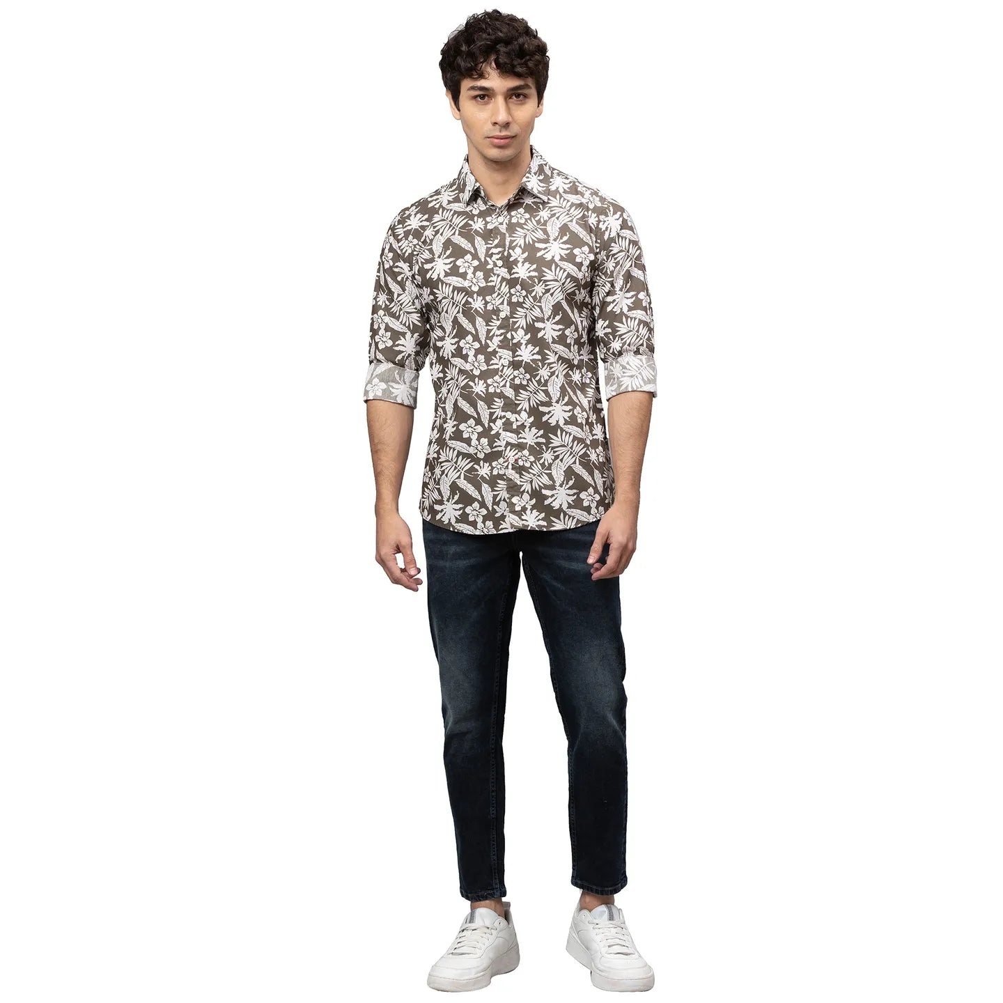 Olive Slim Straight Fit Regular Collar Long Sleeves Cotton Men's Shirt by Being Human Clothing