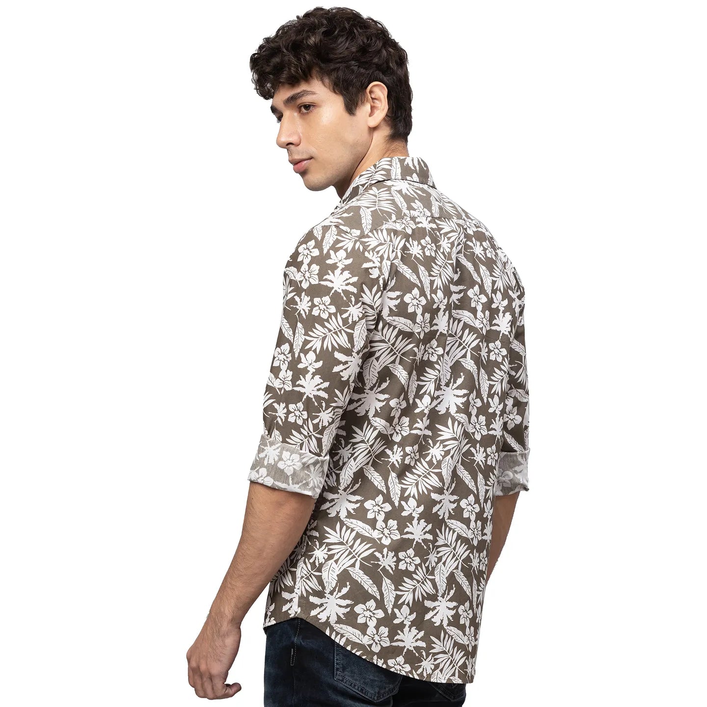 Olive Slim Straight Fit Regular Collar Long Sleeves Cotton Men's Shirt by Being Human Clothing